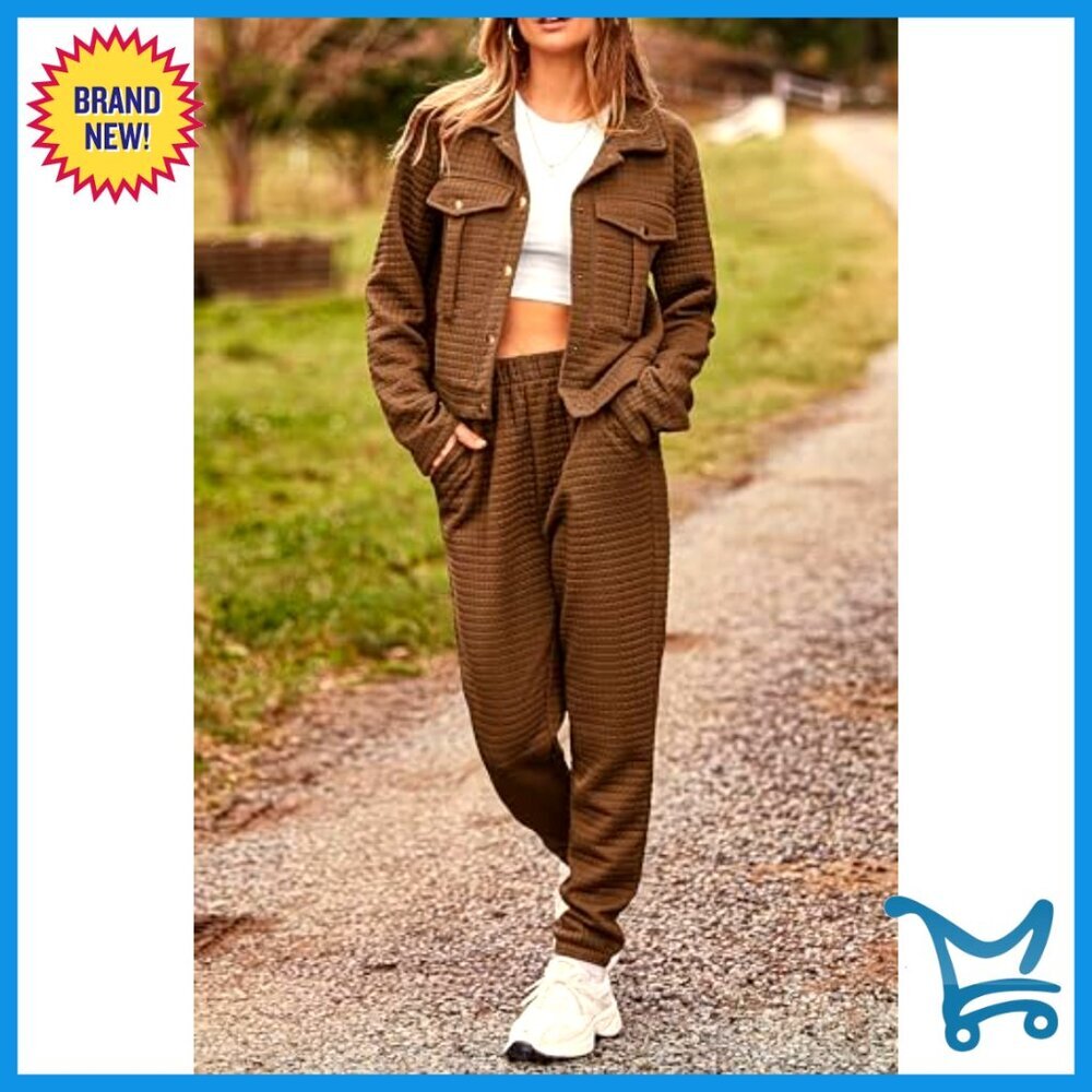 Long Sleeve Button Down Shacket Jacket Sweatpants Tracksuit Set Winter - Picture 6 of 7
